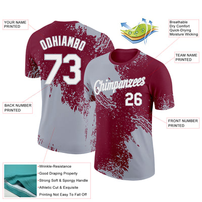 Custom Crimson White-Gray 3D Pattern Design Abstract Brush Stroke Performance T-Shirt