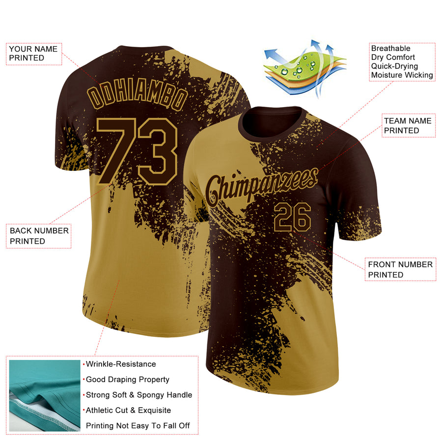 Custom Brown Old Gold 3D Pattern Design Abstract Brush Stroke Performance T-Shirt