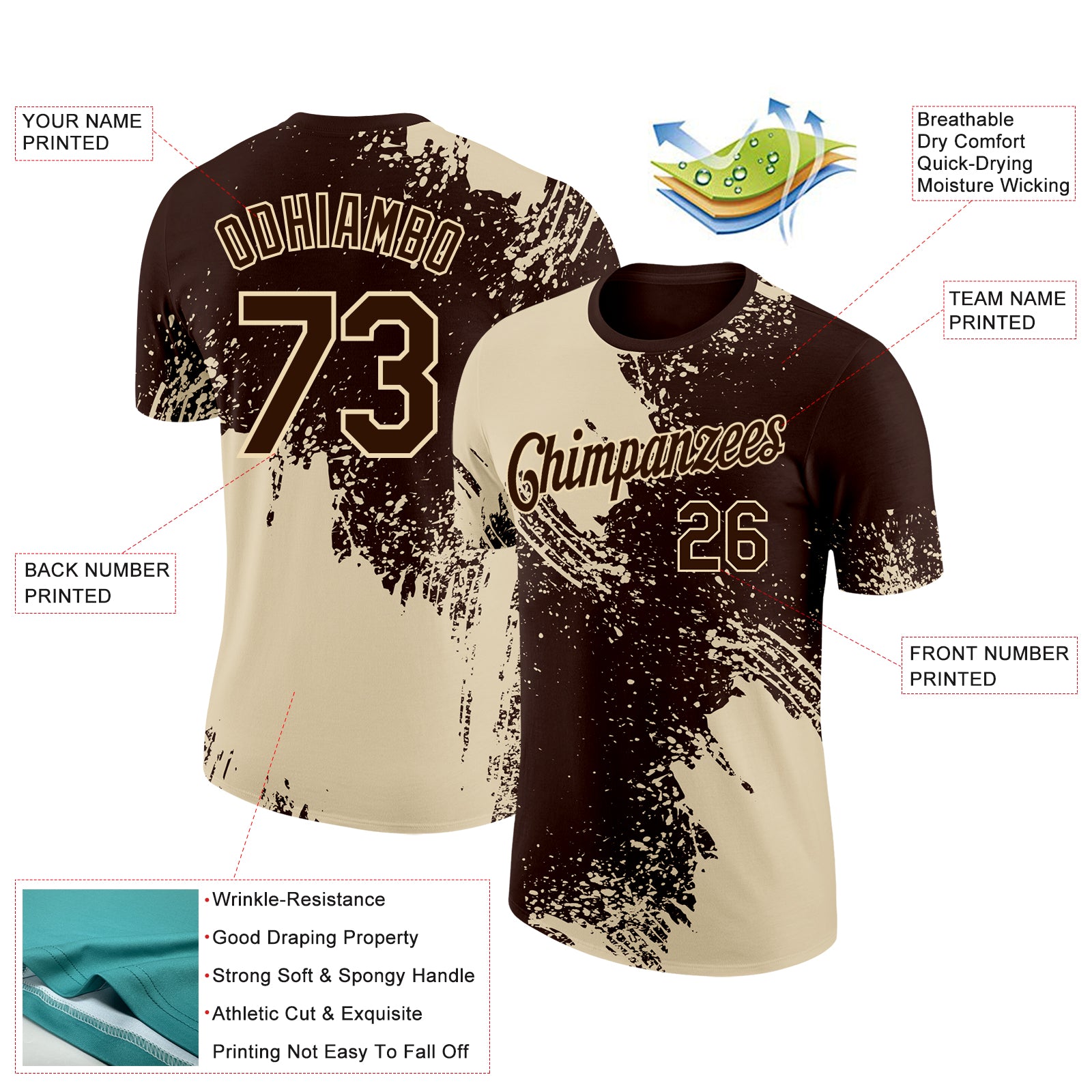 Custom Brown Cream 3D Pattern Design Abstract Brush Stroke Performance T-Shirt