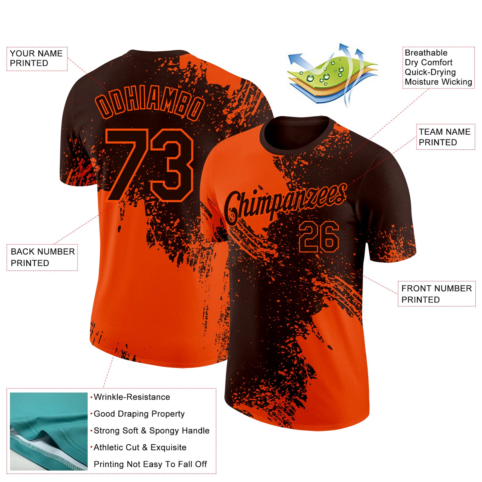 Custom Brown Orange 3D Pattern Design Abstract Brush Stroke Performance T-Shirt