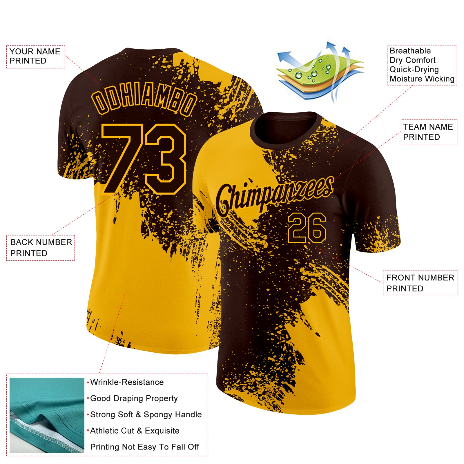 Custom Brown Gold 3D Pattern Design Abstract Brush Stroke Performance T-Shirt