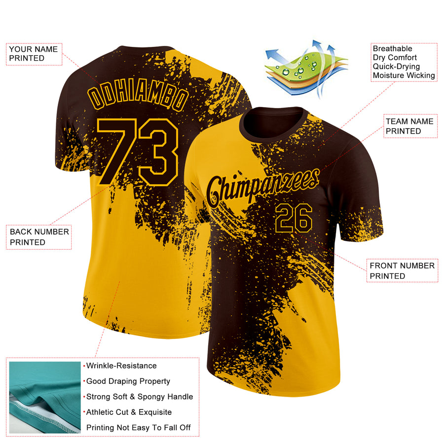 Custom Brown Gold 3D Pattern Design Abstract Brush Stroke Performance T-Shirt
