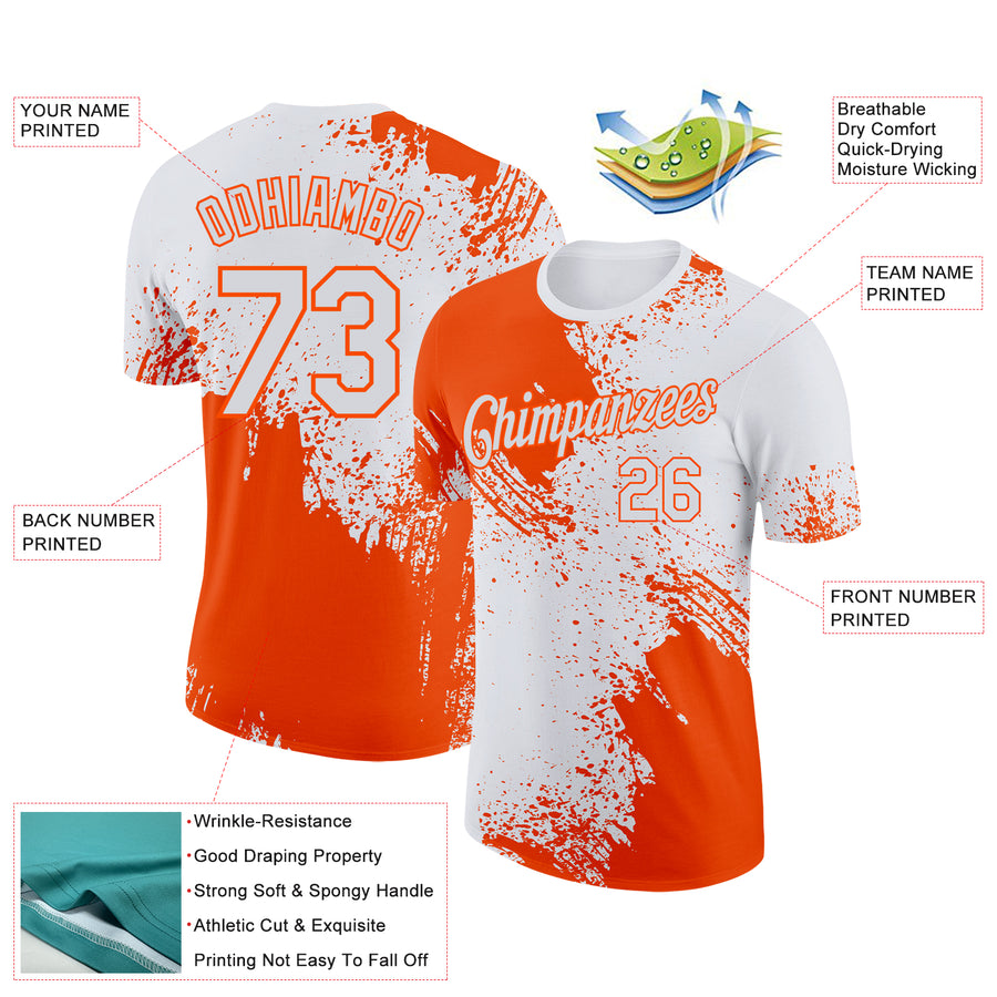 Custom White Orange 3D Pattern Design Abstract Brush Stroke Performance T-Shirt