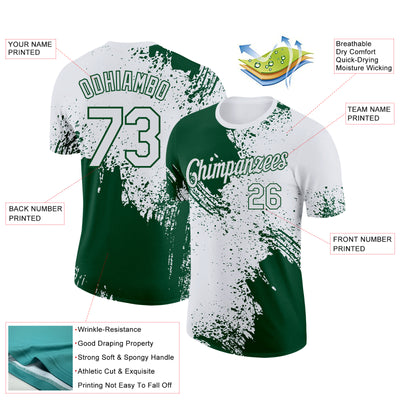 Custom White Green 3D Pattern Design Abstract Brush Stroke Performance T-Shirt