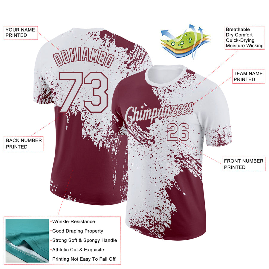 Custom White Burgundy 3D Pattern Design Abstract Brush Stroke Performance T-Shirt