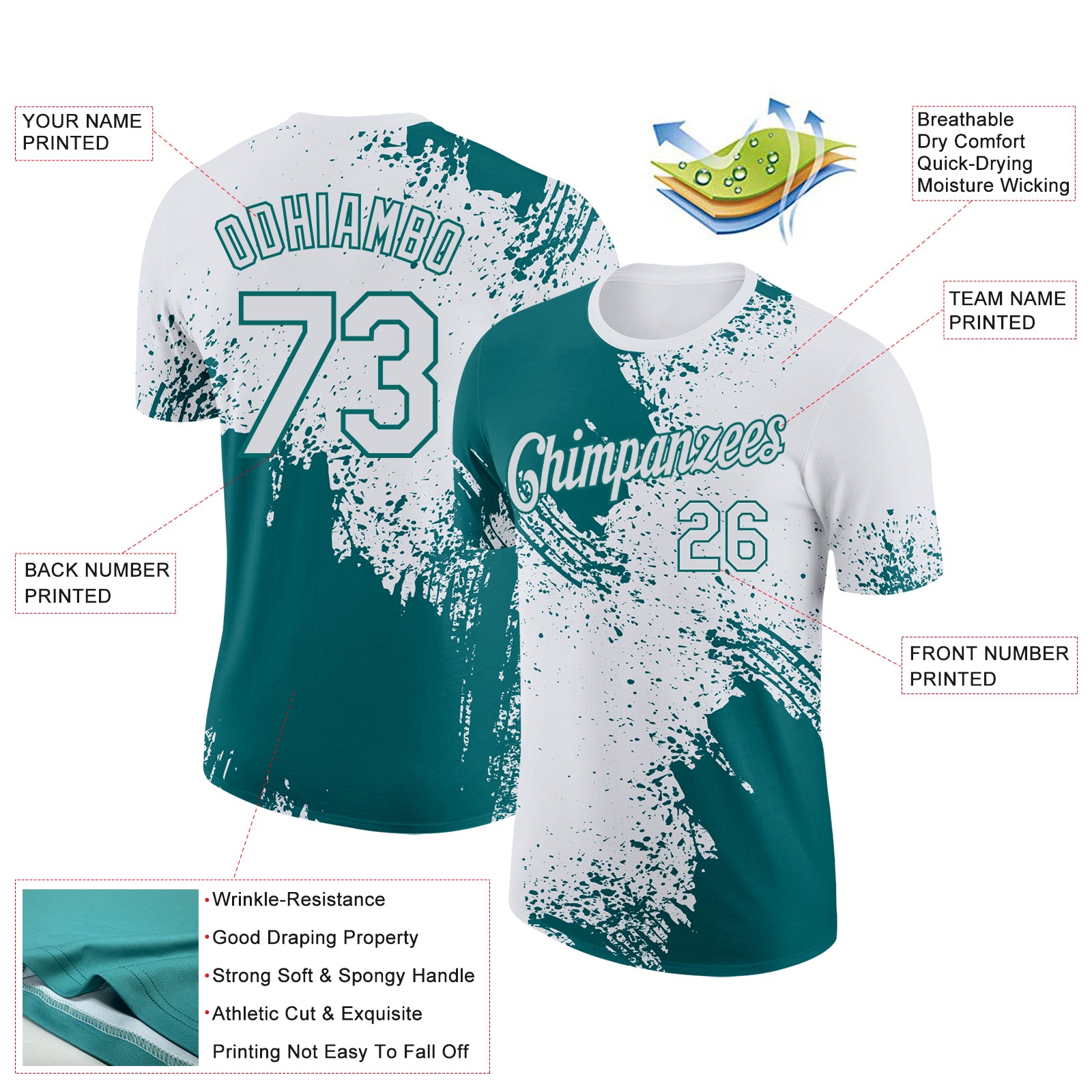 Custom White Teal 3D Pattern Design Abstract Brush Stroke Performance T-Shirt