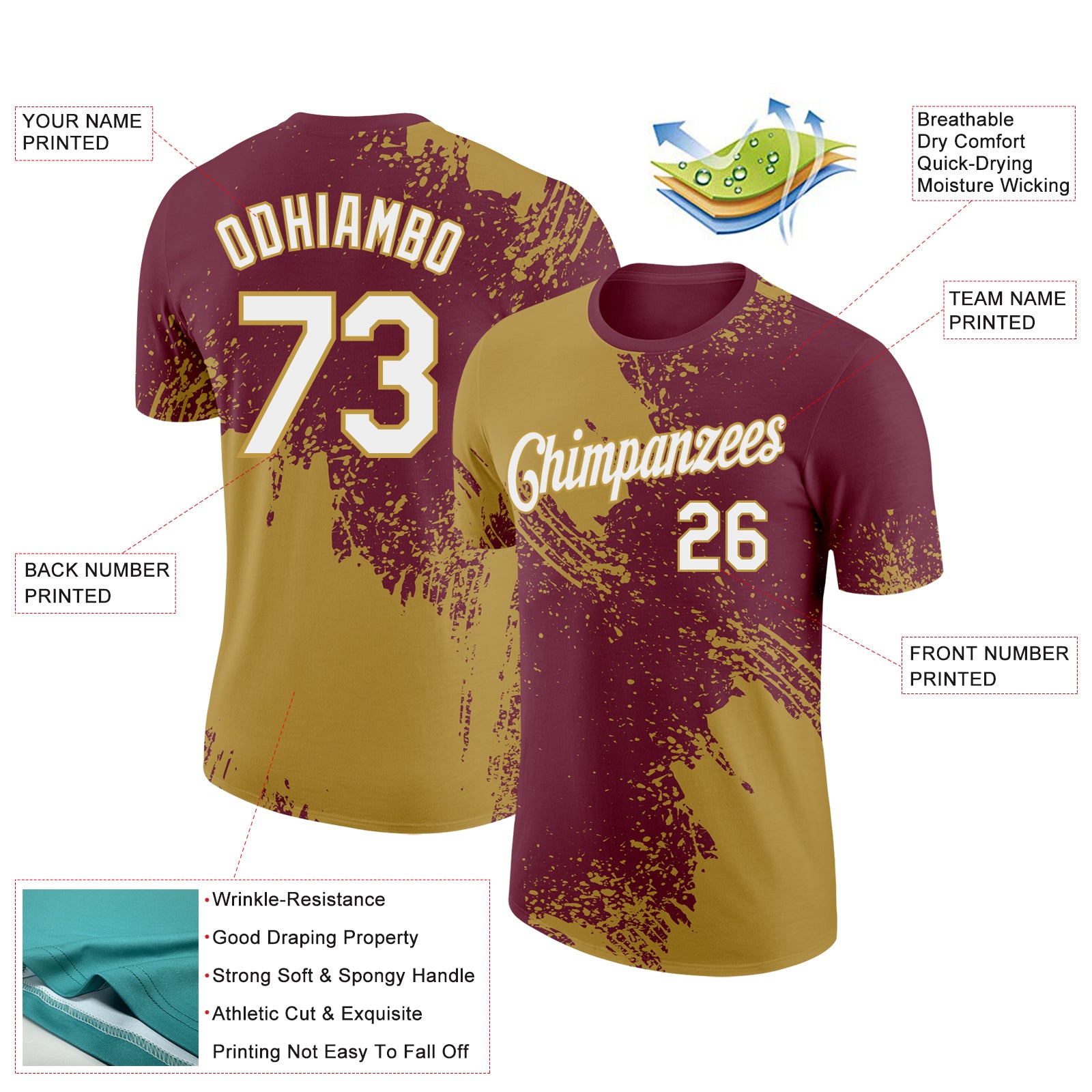 Custom Burgundy White-Old Gold 3D Pattern Design Abstract Brush Stroke Performance T-Shirt