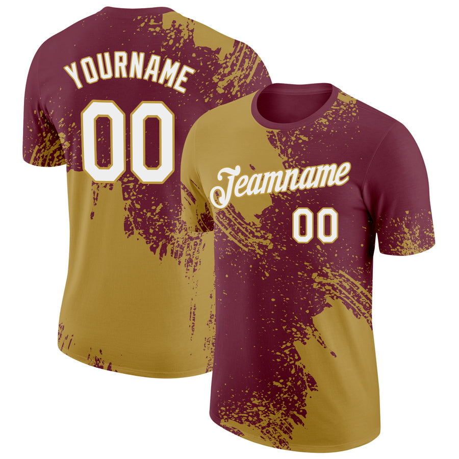 Custom Burgundy White-Old Gold 3D Pattern Design Abstract Brush Stroke Performance T-Shirt