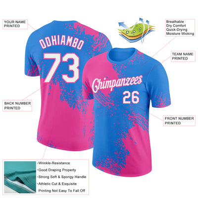 Custom Powder Blue White-Pink 3D Pattern Design Abstract Brush Stroke Performance T-Shirt