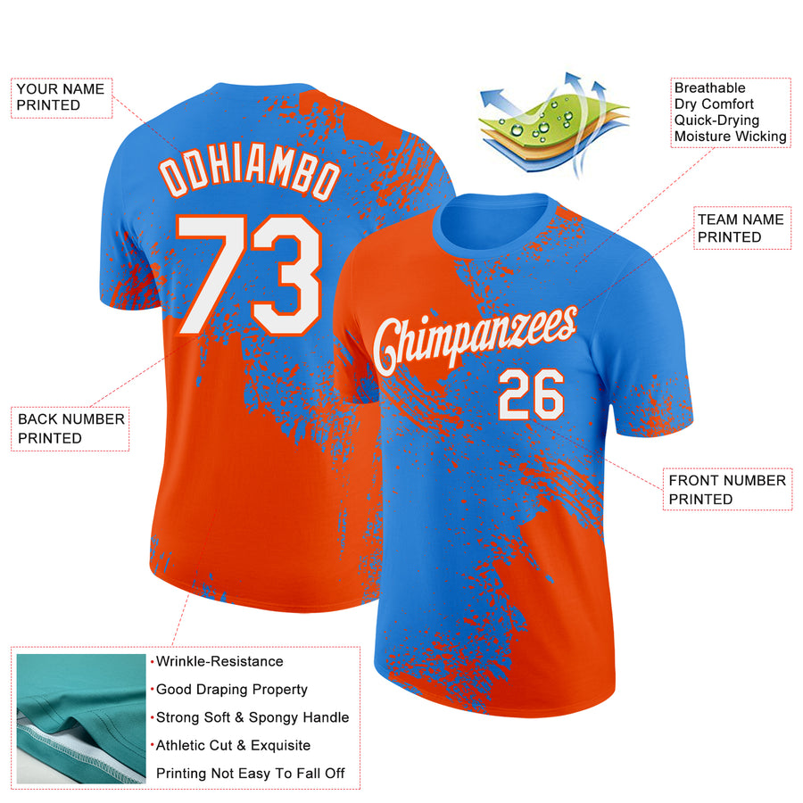 Custom Powder Blue White-Orange 3D Pattern Design Abstract Brush Stroke Performance T-Shirt