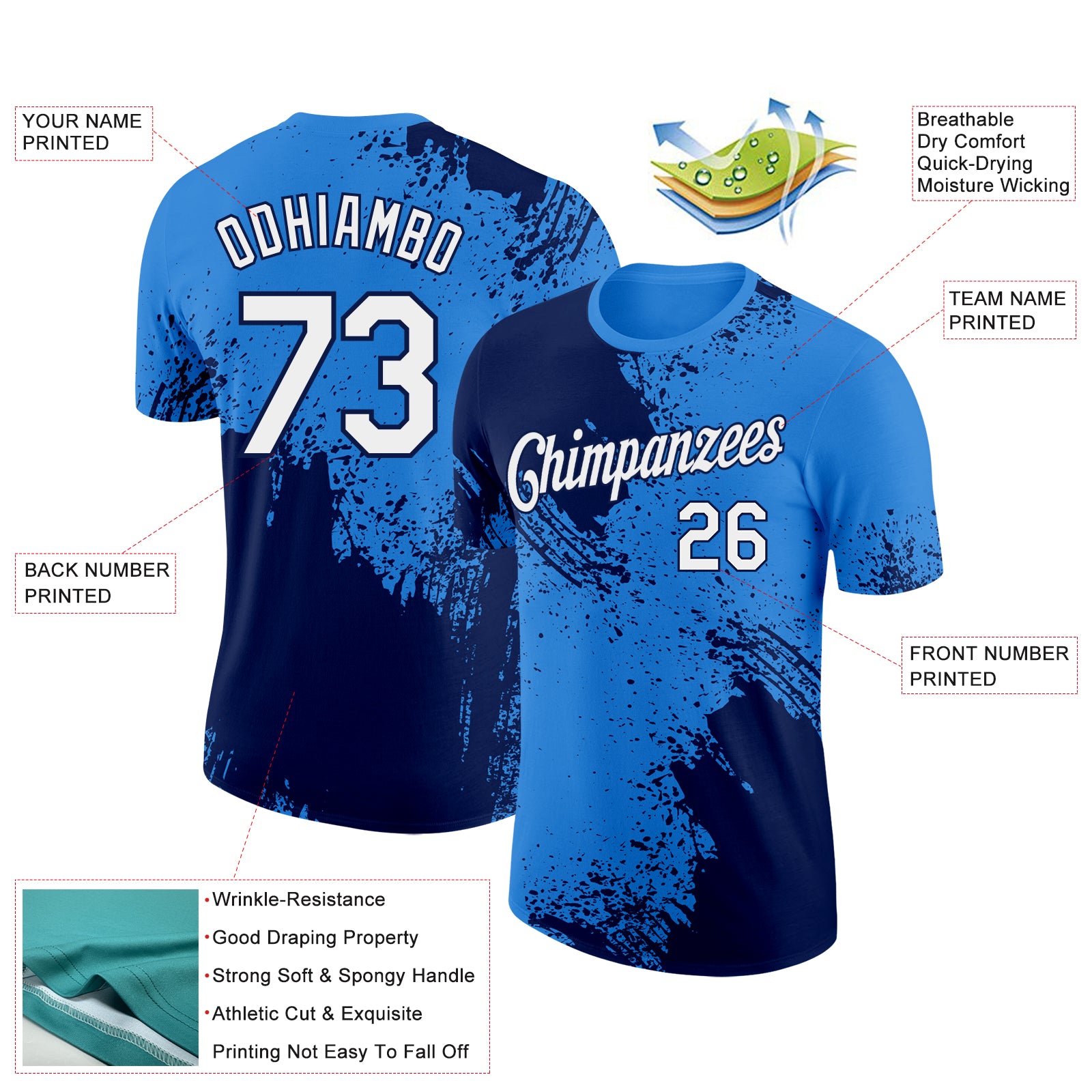 Custom Powder Blue White-Navy 3D Pattern Design Abstract Brush Stroke Performance T-Shirt