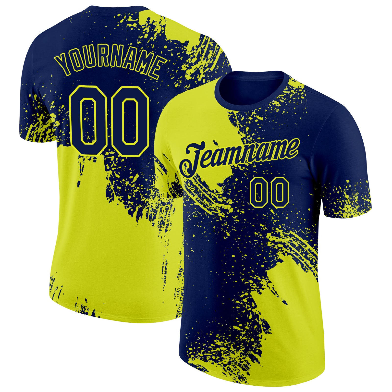 Custom Navy Neon Yellow 3D Pattern Design Abstract Brush Stroke Performance T-Shirt