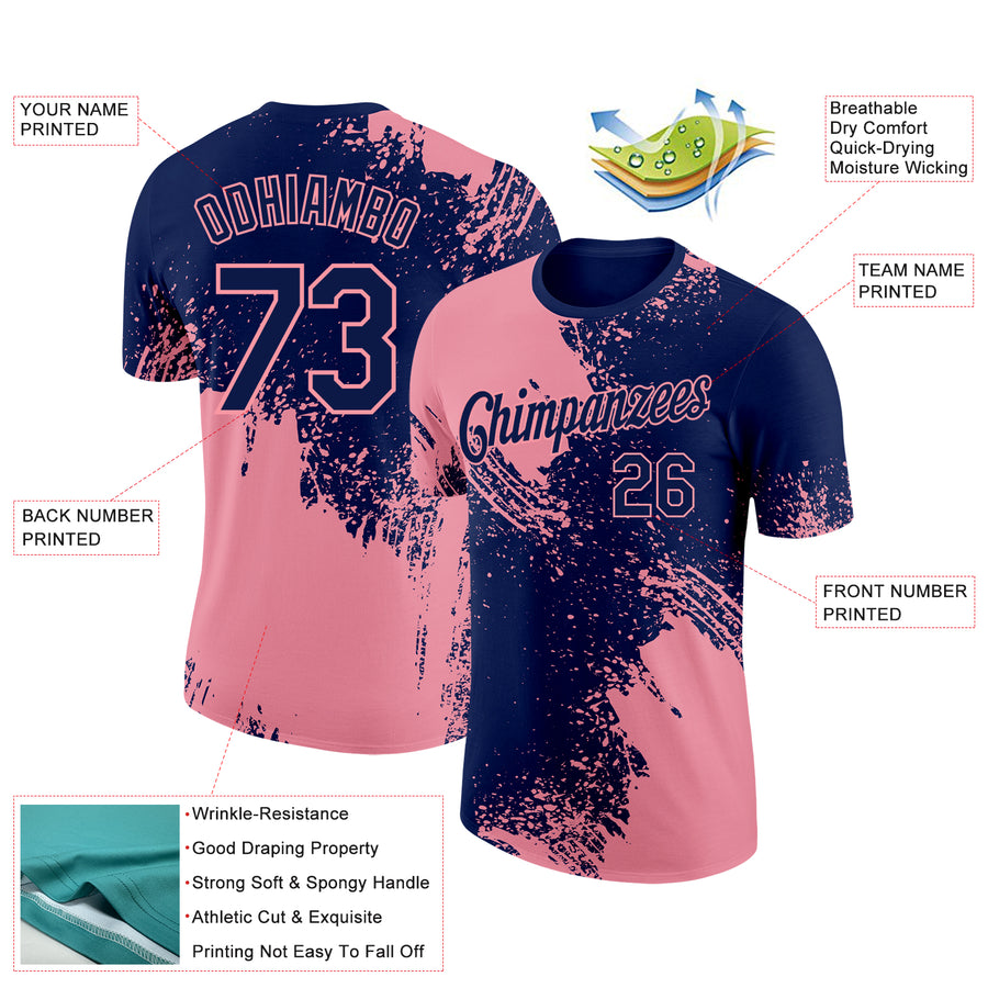 Custom Navy Medium Pink 3D Pattern Design Abstract Brush Stroke Performance T-Shirt