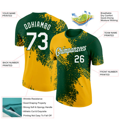 Custom Green White-Gold 3D Pattern Design Abstract Brush Stroke Performance T-Shirt