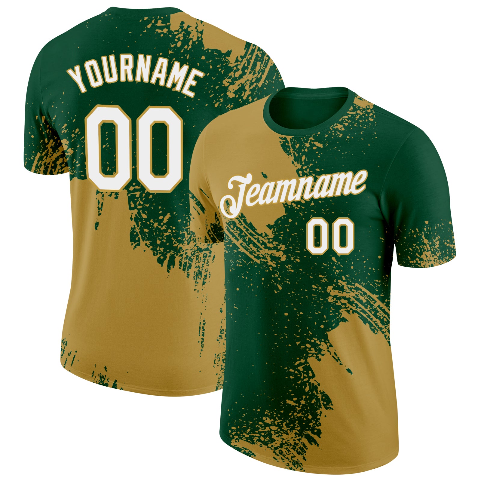 Custom Green White-Old Gold 3D Pattern Design Abstract Brush Stroke Performance T-Shirt