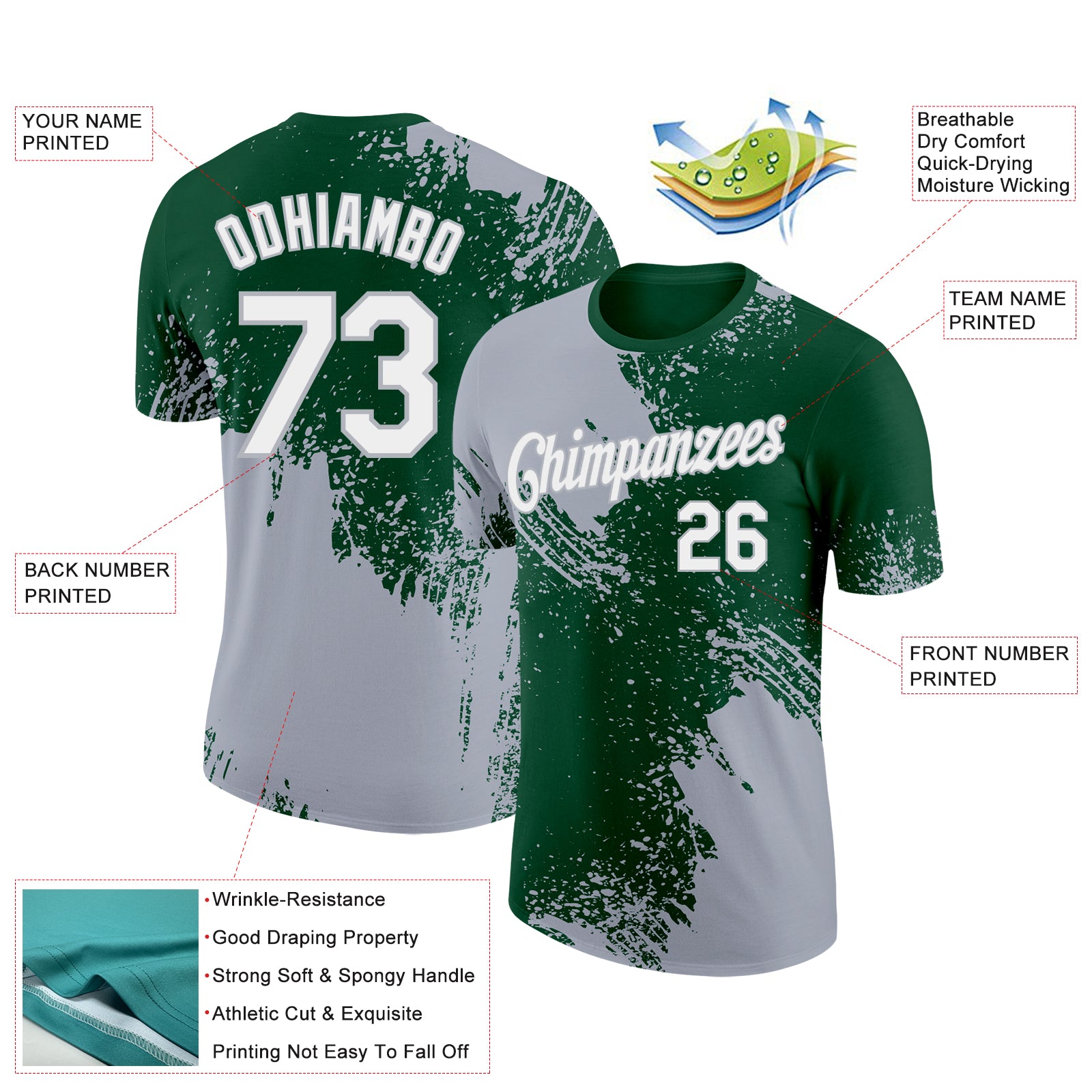 Custom Green White-Gray 3D Pattern Design Abstract Brush Stroke Performance T-Shirt