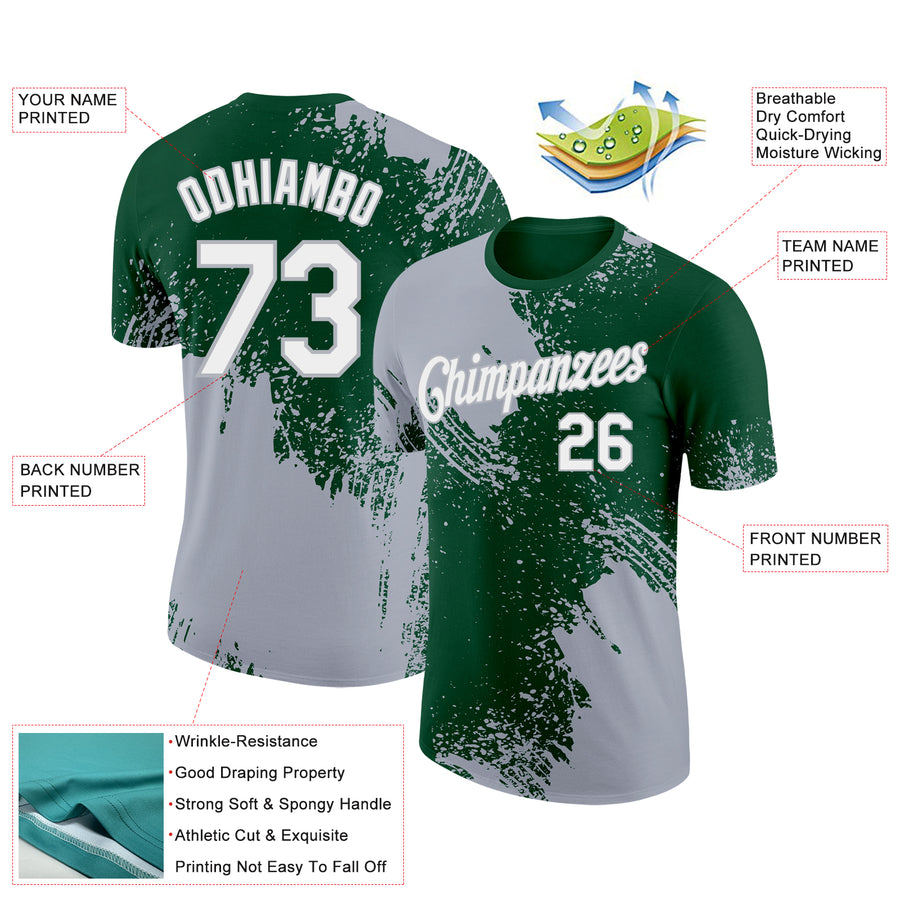 Custom Green White-Gray 3D Pattern Design Abstract Brush Stroke Performance T-Shirt