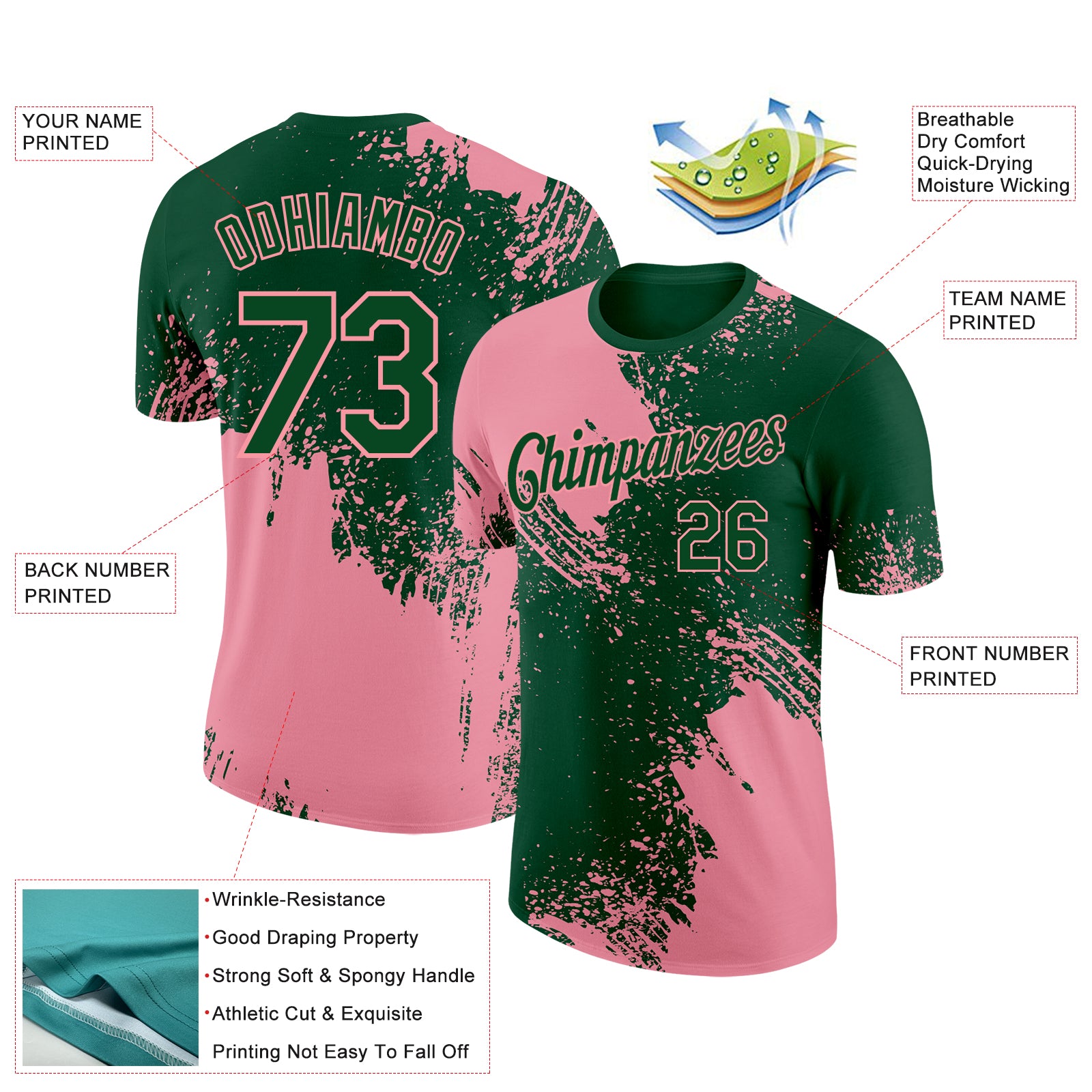 Custom Green Medium Pink 3D Pattern Design Abstract Brush Stroke Performance T-Shirt