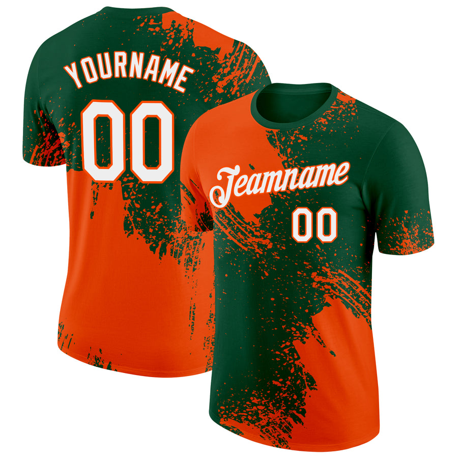 Custom Green White-Orange 3D Pattern Design Abstract Brush Stroke Performance T-Shirt
