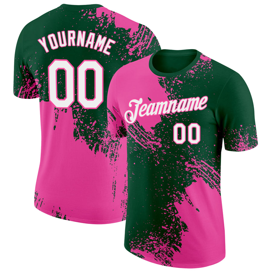 Custom Green White-Pink 3D Pattern Design Abstract Brush Stroke Performance T-Shirt