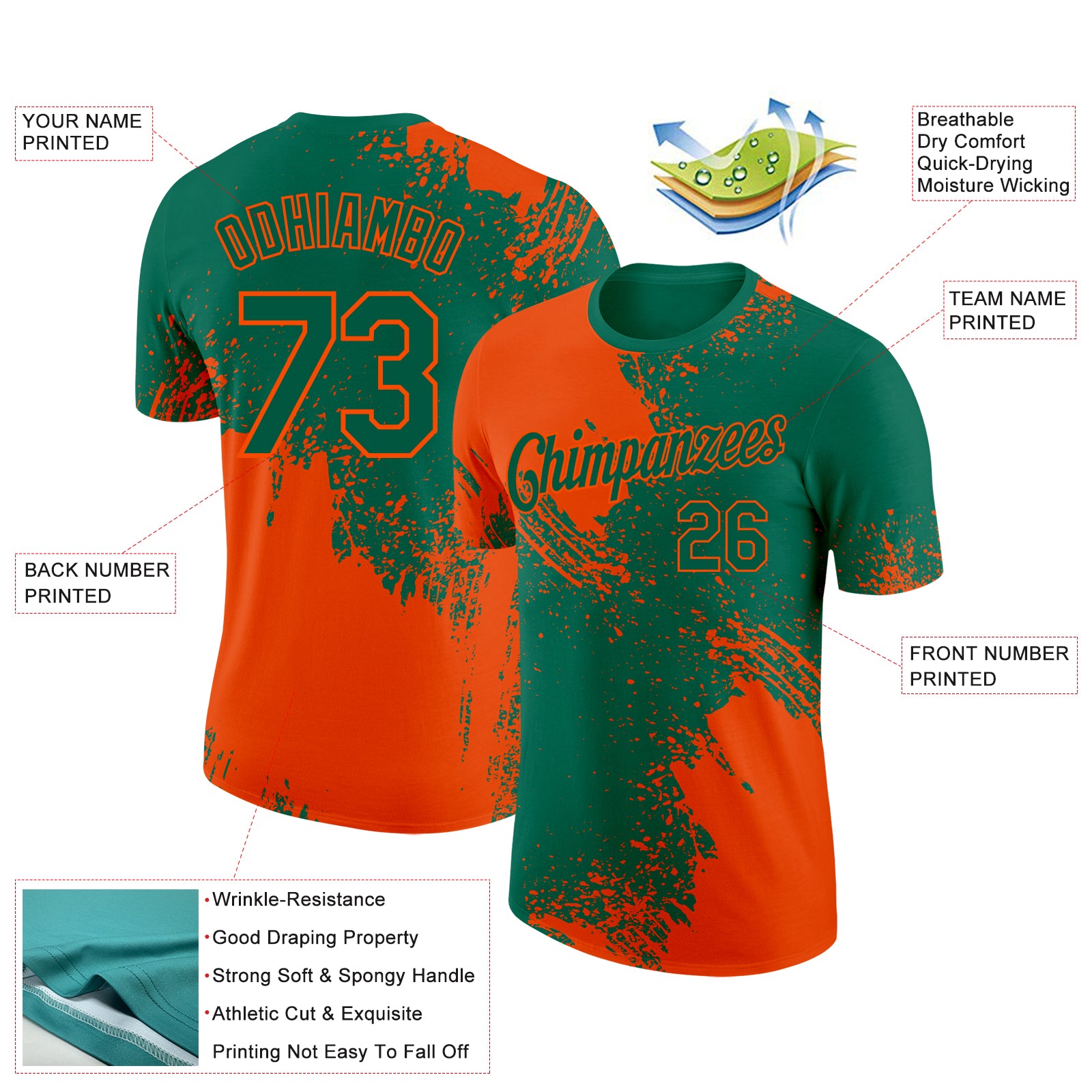 Custom Kelly Green Orange 3D Pattern Design Abstract Brush Stroke Performance T-Shirt