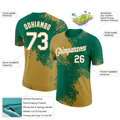 Custom Kelly Green White-Old Gold 3D Pattern Design Abstract Brush Stroke Performance T-Shirt