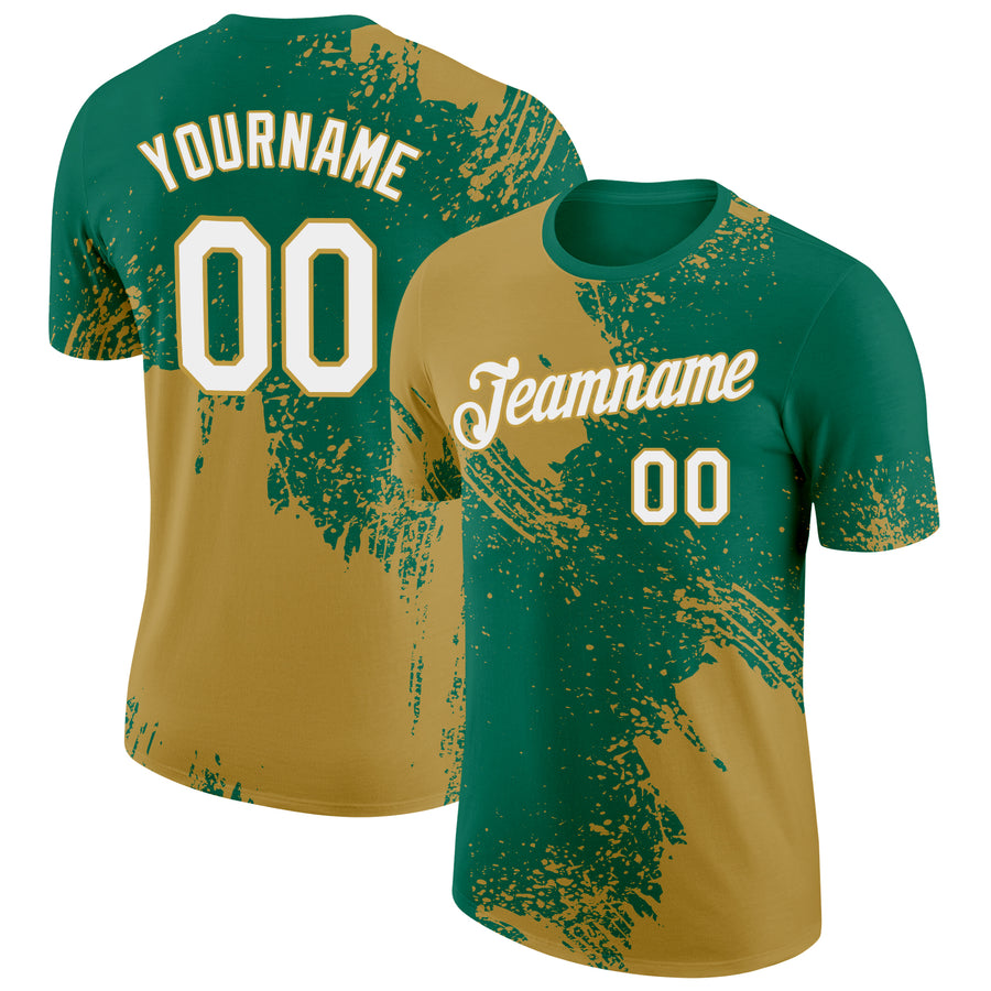 Custom Kelly Green White-Old Gold 3D Pattern Design Abstract Brush Stroke Performance T-Shirt