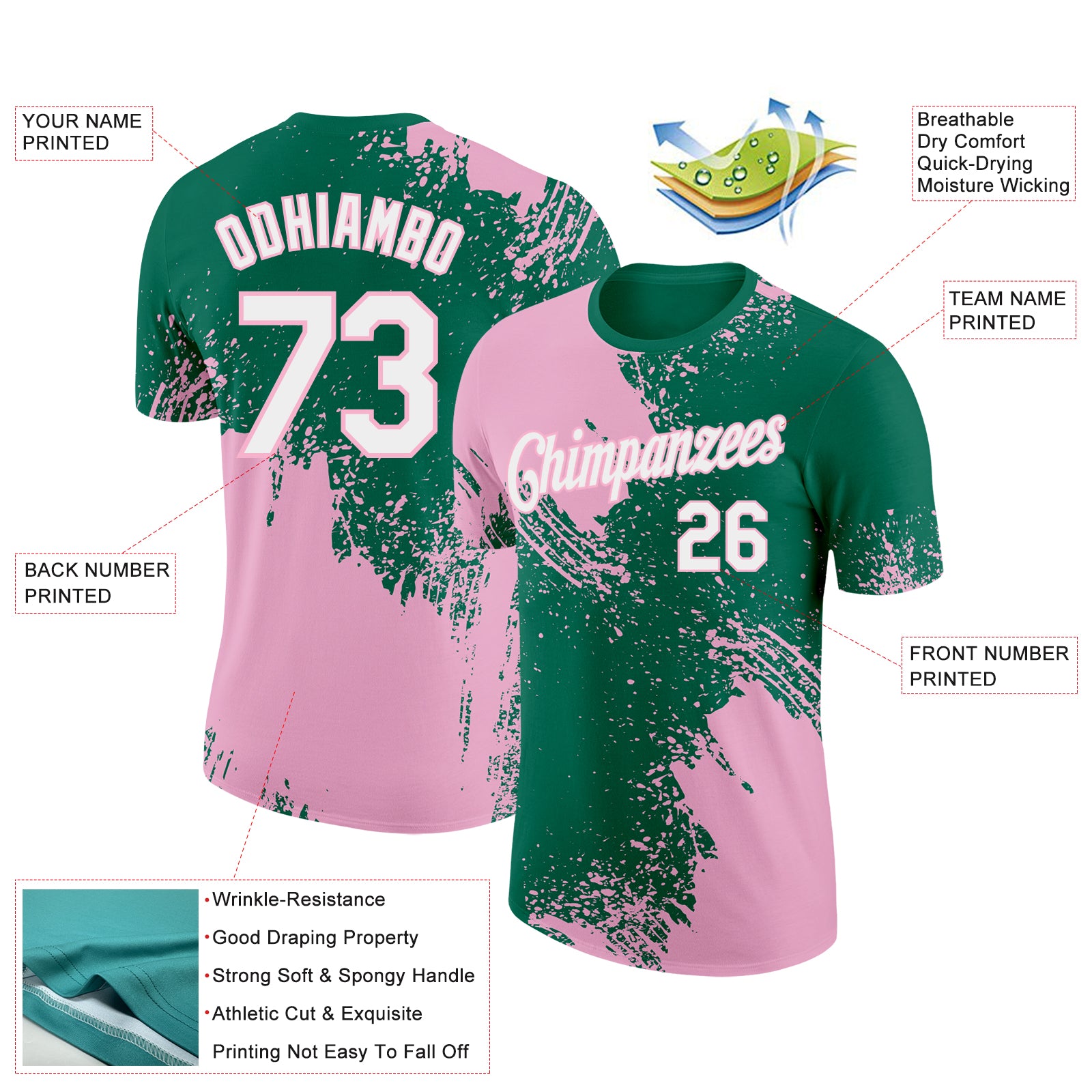 Custom Kelly Green White-Light Pink 3D Pattern Design Abstract Brush Stroke Performance T-Shirt