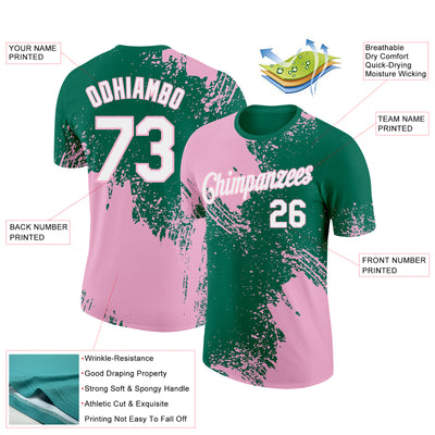 Custom Kelly Green White-Light Pink 3D Pattern Design Abstract Brush Stroke Performance T-Shirt