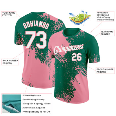 Custom Kelly Green White-Medium Pink 3D Pattern Design Abstract Brush Stroke Performance T-Shirt