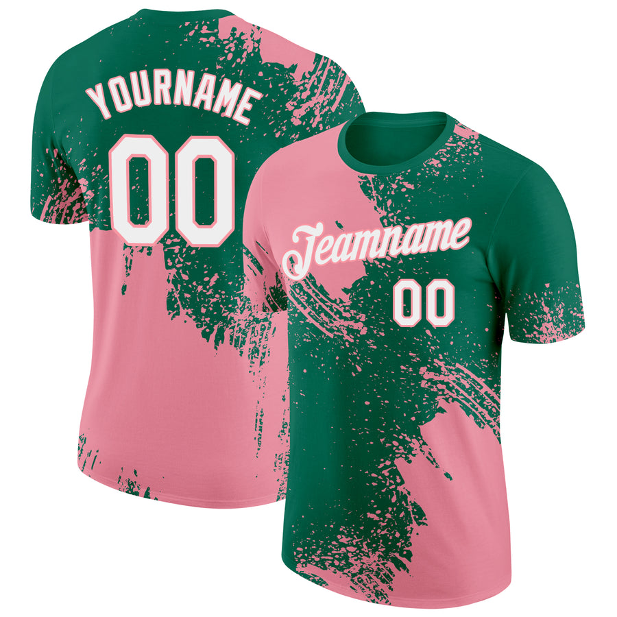 Custom Kelly Green White-Medium Pink 3D Pattern Design Abstract Brush Stroke Performance T-Shirt