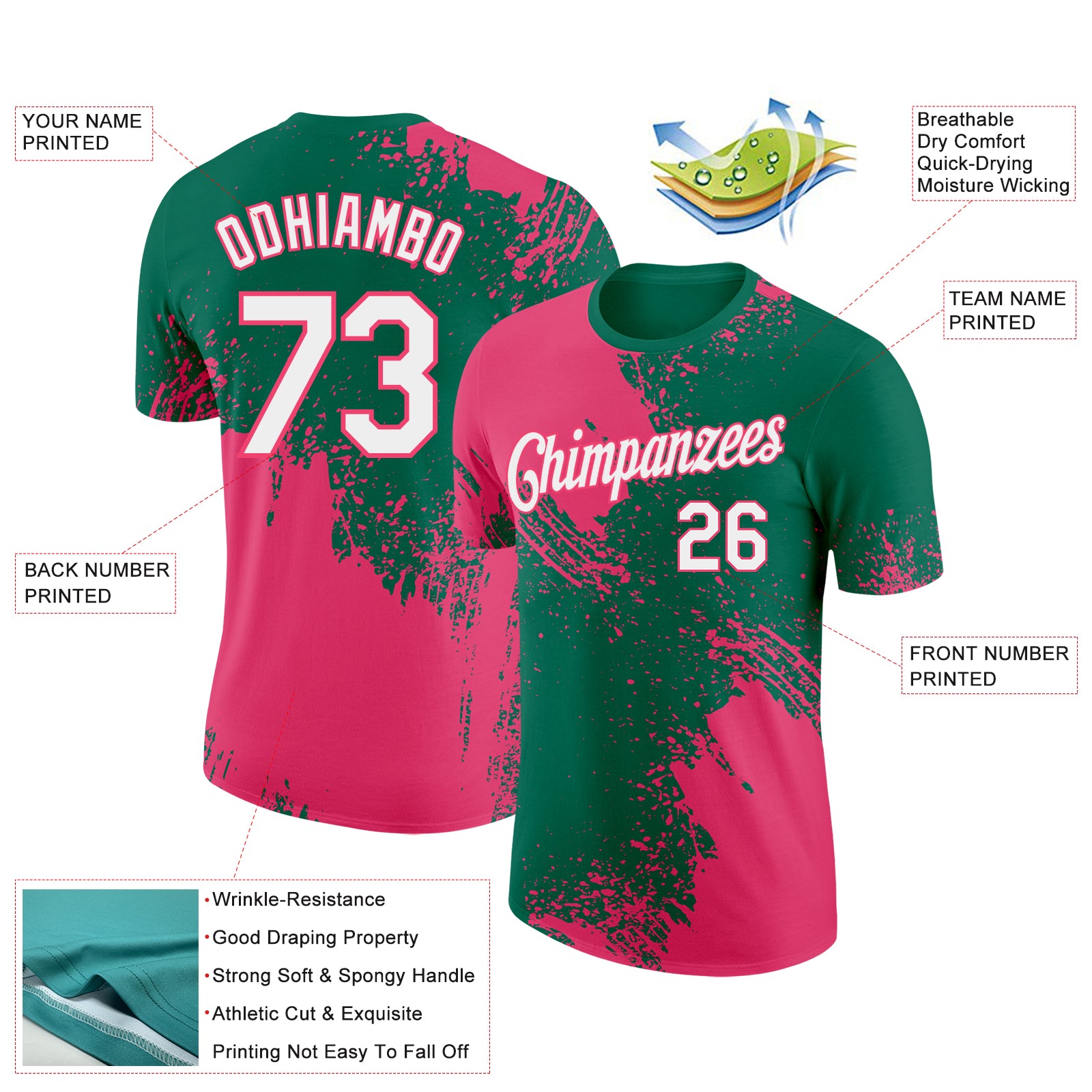 Custom Kelly Green White-Neon Pink 3D Pattern Design Abstract Brush Stroke Performance T-Shirt