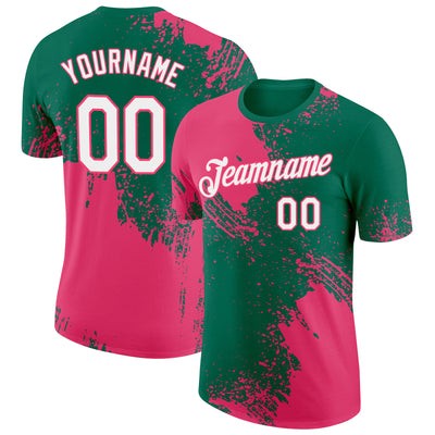Custom Kelly Green White-Neon Pink 3D Pattern Design Abstract Brush Stroke Performance T-Shirt