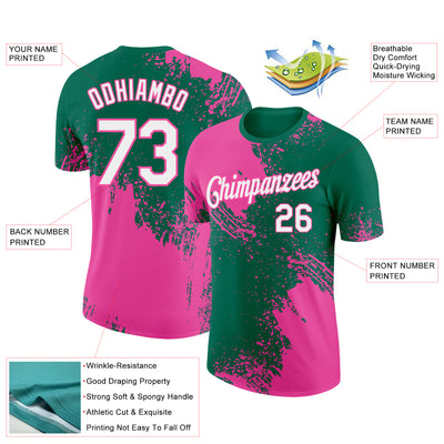 Custom Kelly Green White-Pink 3D Pattern Design Abstract Brush Stroke Performance T-Shirt