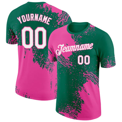 Custom Kelly Green White-Pink 3D Pattern Design Abstract Brush Stroke Performance T-Shirt