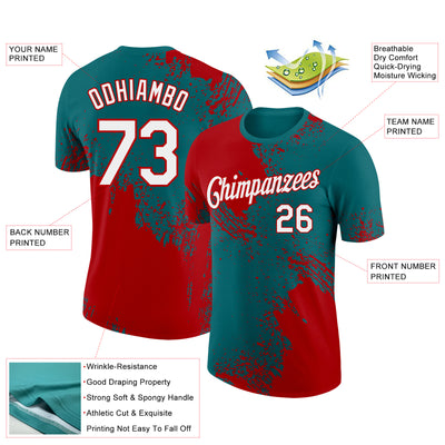 Custom Teal White-Red 3D Pattern Design Abstract Brush Stroke Performance T-Shirt