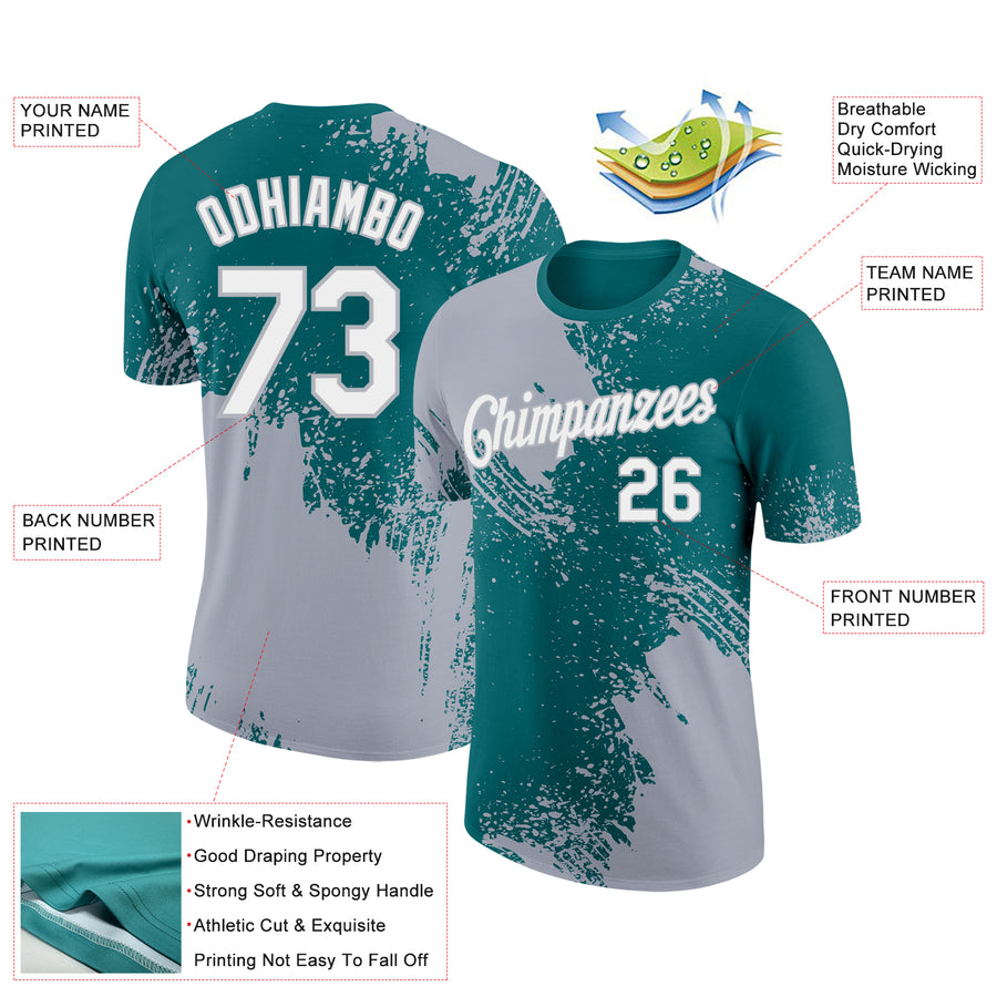 Custom Teal White-Gray 3D Pattern Design Abstract Brush Stroke Performance T-Shirt