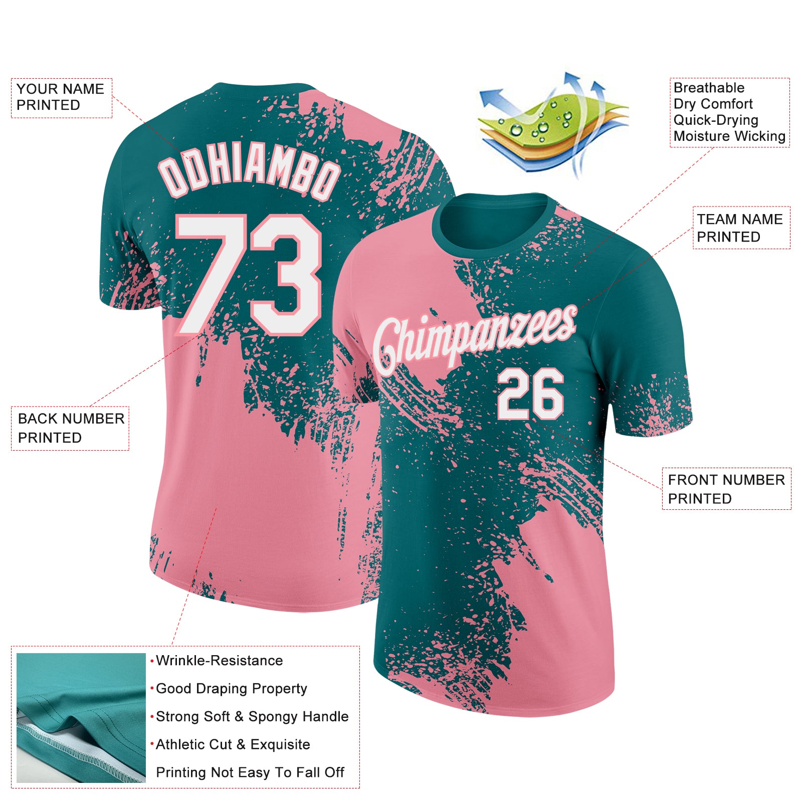 Custom Teal White-Medium Pink 3D Pattern Design Abstract Brush Stroke Performance T-Shirt