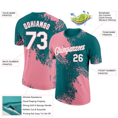 Custom Teal White-Medium Pink 3D Pattern Design Abstract Brush Stroke Performance T-Shirt