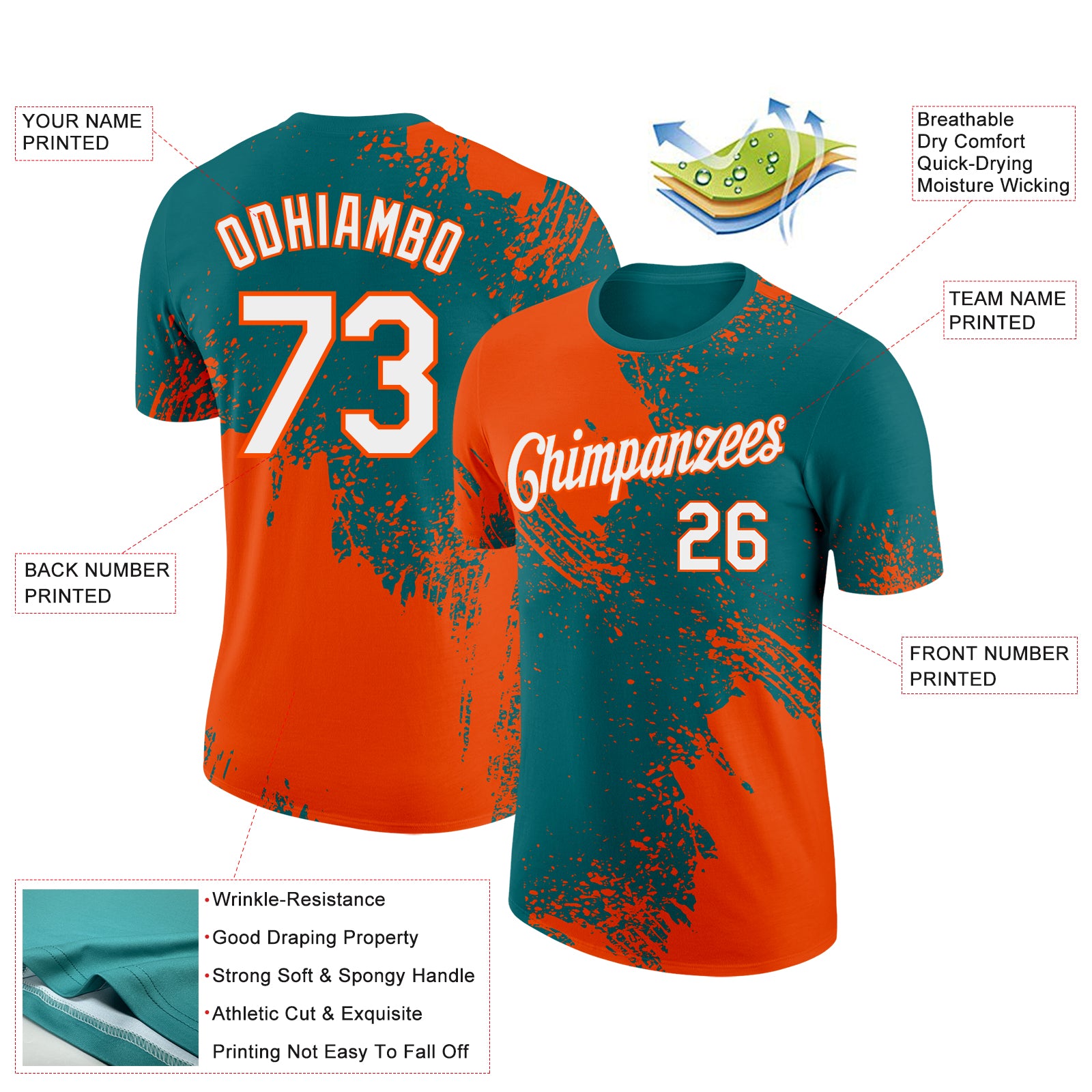 Custom Teal White-Orange 3D Pattern Design Abstract Brush Stroke Performance T-Shirt