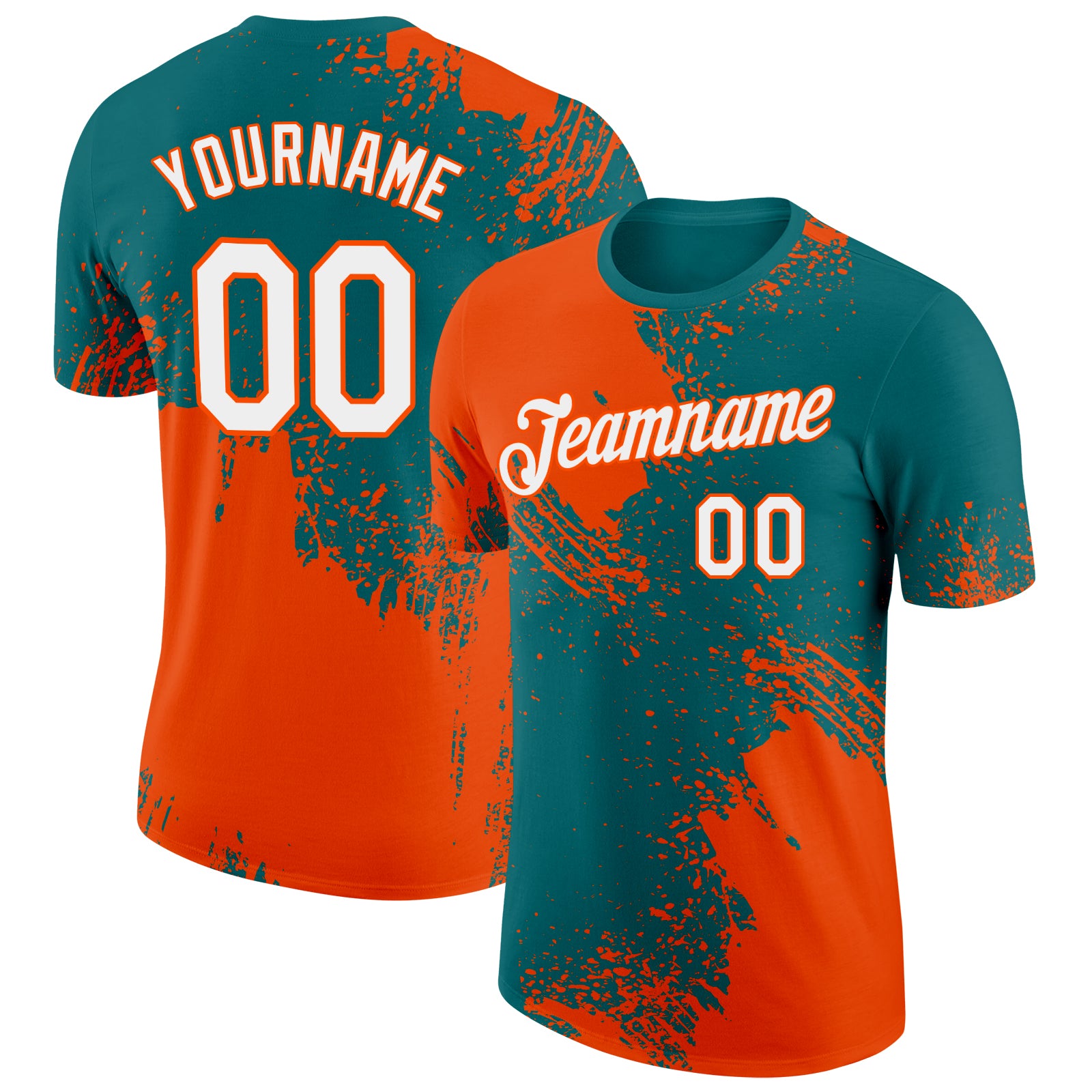 Custom Teal White-Orange 3D Pattern Design Abstract Brush Stroke Performance T-Shirt