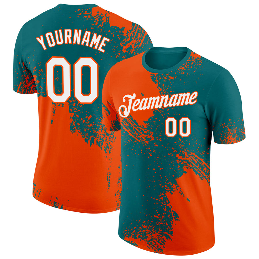 Custom Teal White-Orange 3D Pattern Design Abstract Brush Stroke Performance T-Shirt