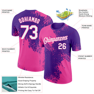 Custom Purple White-Pink 3D Pattern Design Abstract Brush Stroke Performance T-Shirt