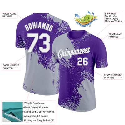 Custom Purple White-Gray 3D Pattern Design Abstract Brush Stroke Performance T-Shirt