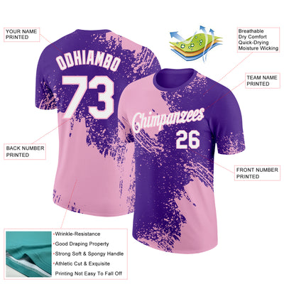 Custom Purple White-Light Pink 3D Pattern Design Abstract Brush Stroke Performance T-Shirt