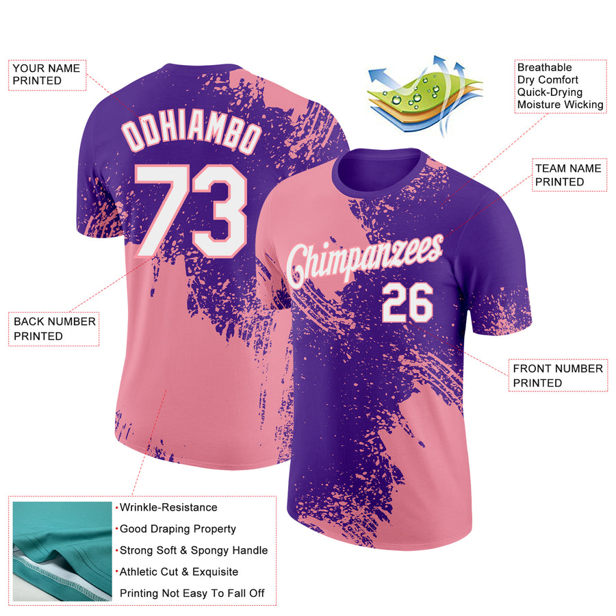 Custom Purple White-Medium Pink 3D Pattern Design Abstract Brush Stroke Performance T-Shirt