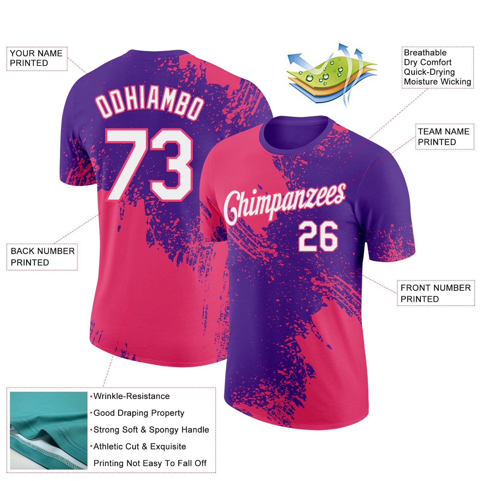 Custom Purple White-Neon Pink 3D Pattern Design Abstract Brush Stroke Performance T-Shirt