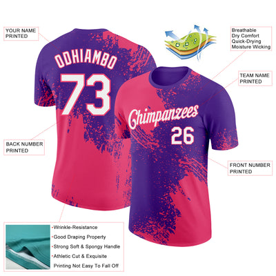 Custom Purple White-Neon Pink 3D Pattern Design Abstract Brush Stroke Performance T-Shirt
