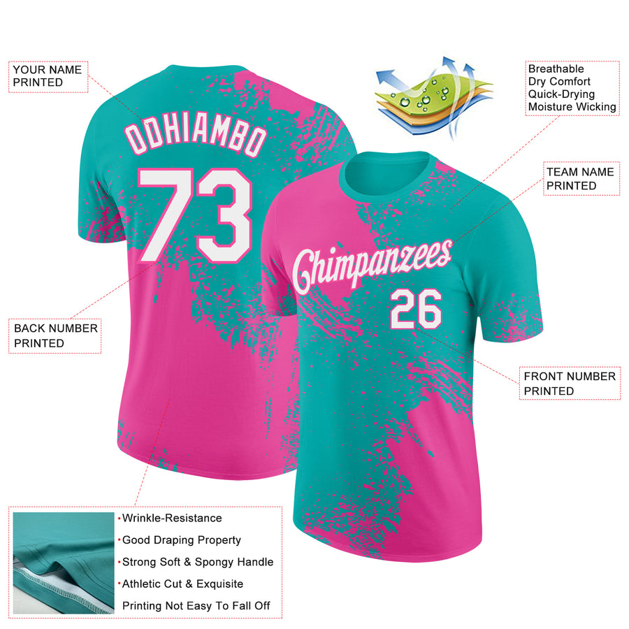 Custom Aqua White-Pink 3D Pattern Design Abstract Brush Stroke Performance T-Shirt