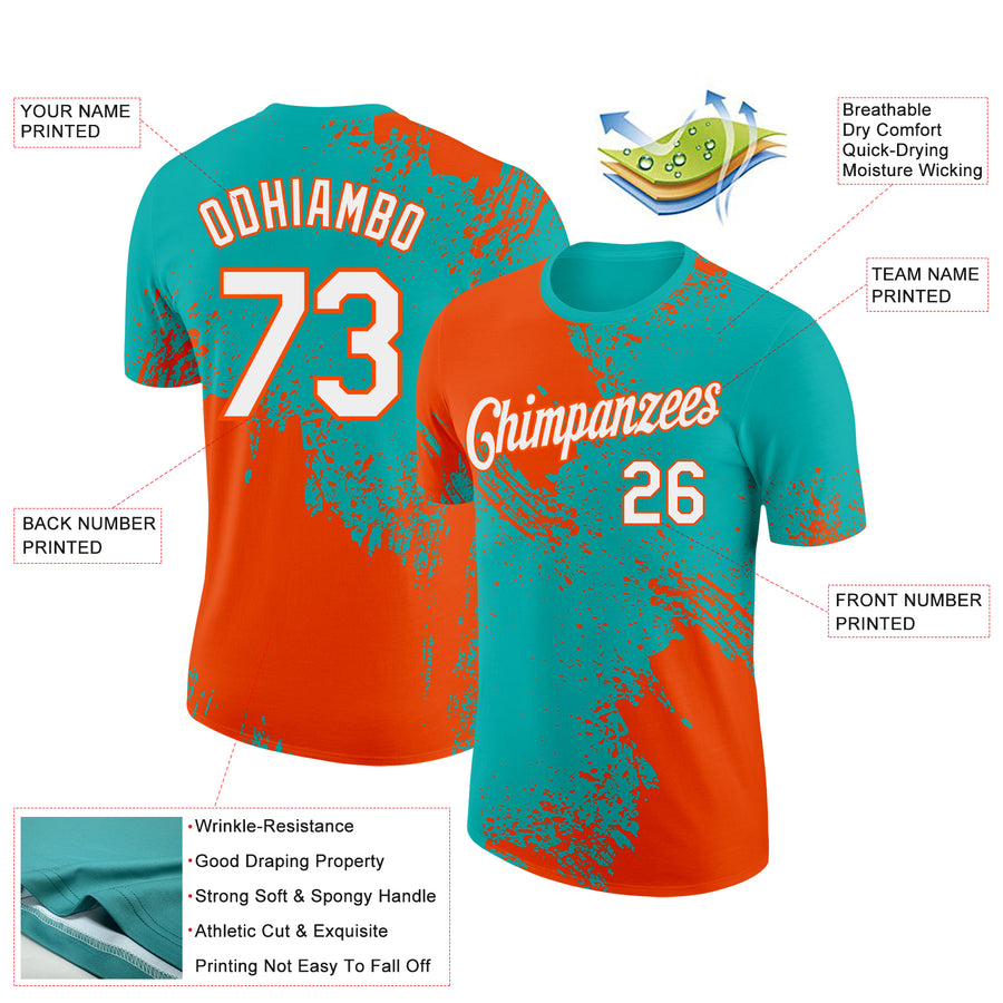 Custom Aqua White-Orange 3D Pattern Design Abstract Brush Stroke Performance T-Shirt